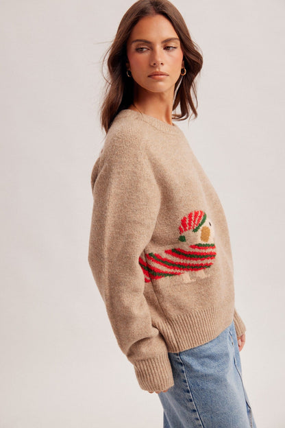 Hem & Thread beige knit Christmas dog sweater with red and green intarsia design