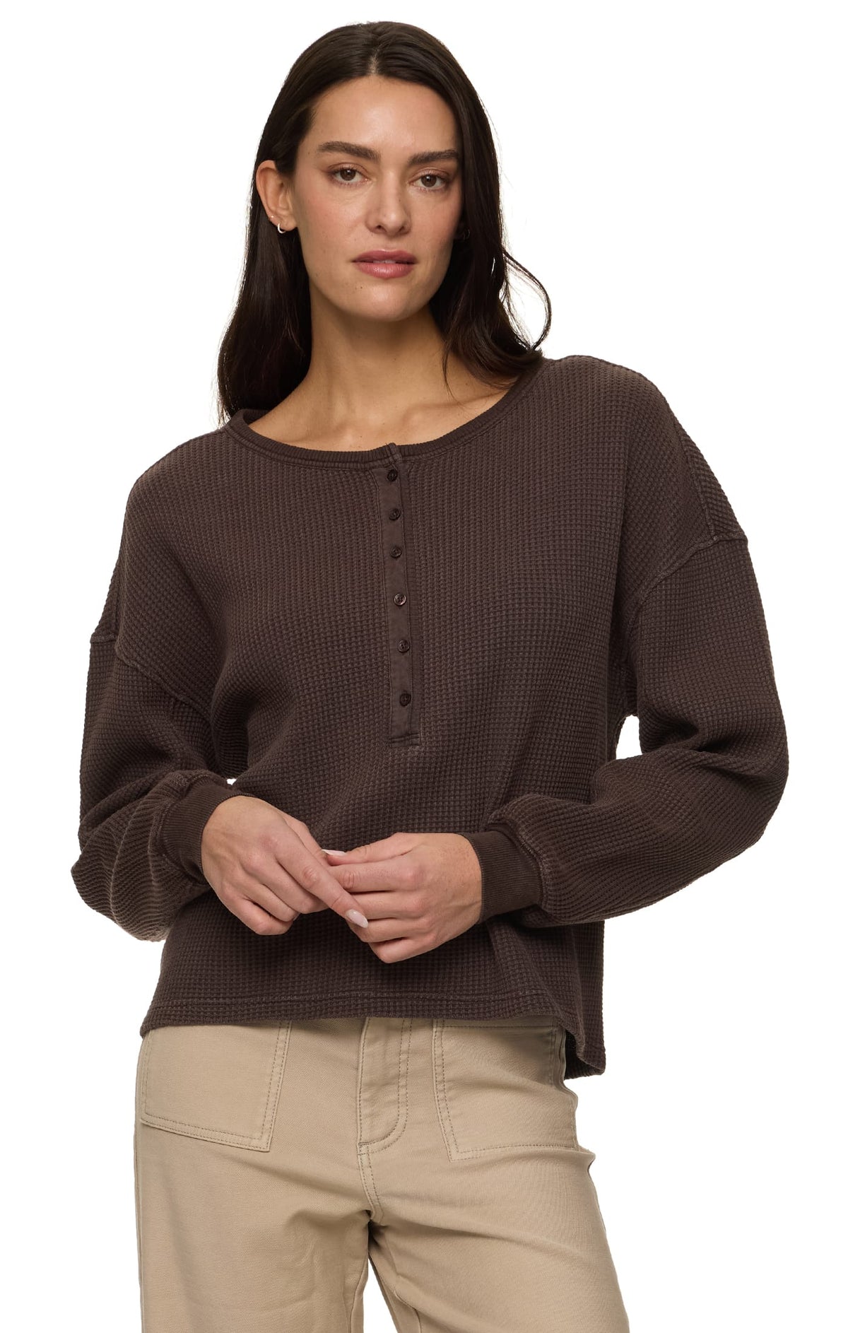 Dark brown waffle knit henley long sleeve top with button placket and ribbed cuffs