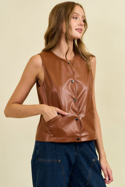 Vegan Leather Snap Front Vest Top