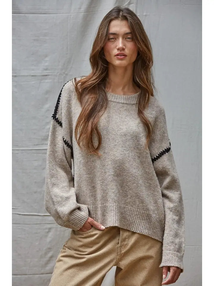 Knit Sweater Stitch Detailed Crew Neck Pullover