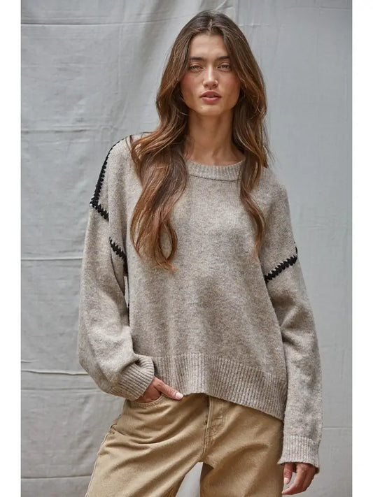 Knit Sweater Stitch Detailed Crew Neck Pullover
