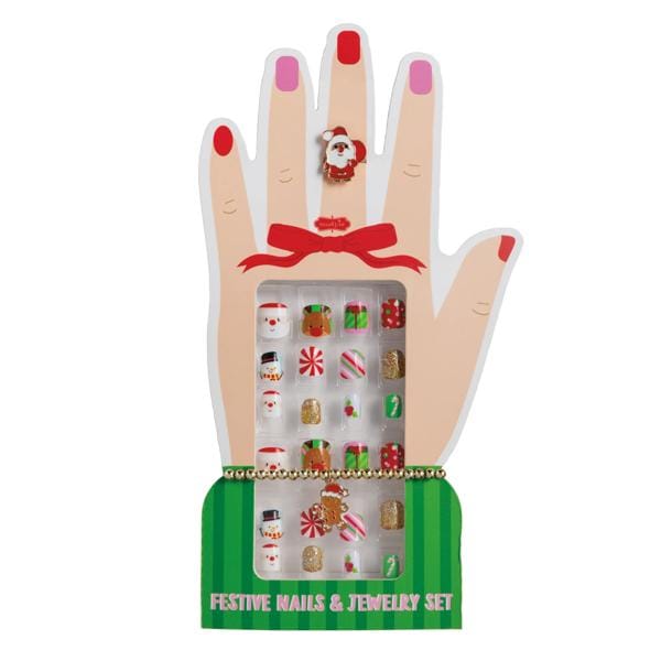 Christmas-themed press-on nail set with holiday designs, Santa ring, and charm bracelet on hand display