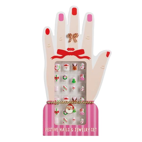 Christmas-themed press-on nails and jewelry set with Santa, reindeer, and candy cane designs