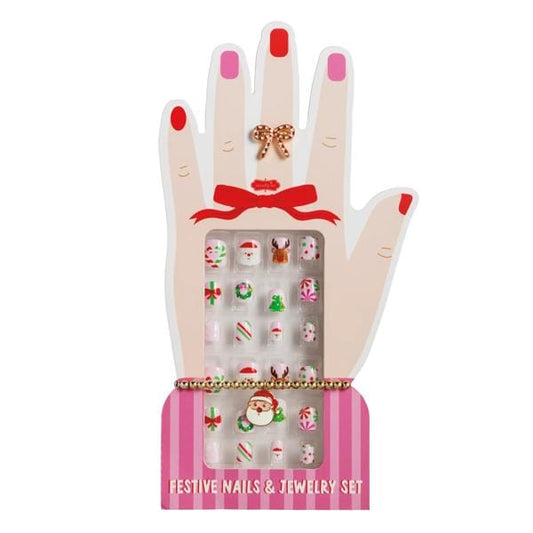 Christmas-themed press-on nails and jewelry set with Santa, reindeer, and candy cane designs