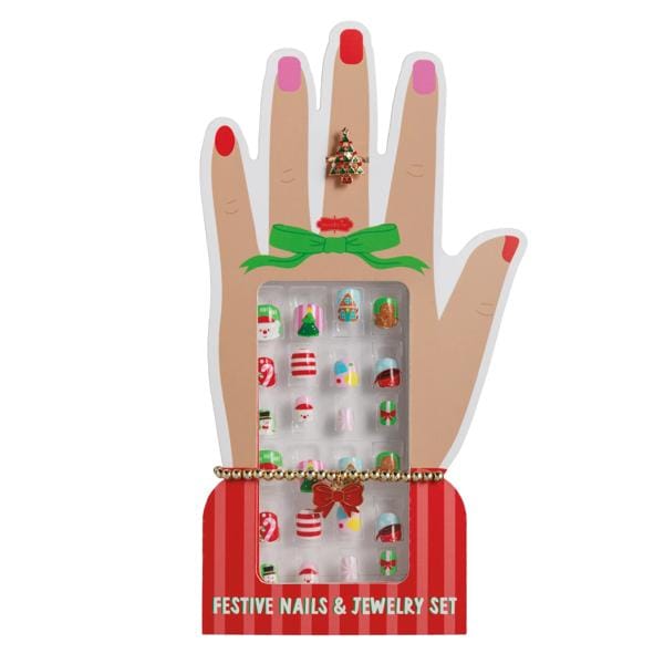 Christmas-themed press-on nail set with festive designs, ring, and bracelet on hand display card