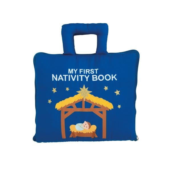 Blue soft fabric book with handle featuring a nativity manger scene and stars