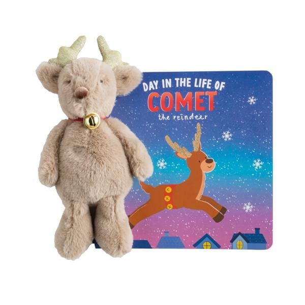 Small reindeer plush toy with gold antlers beside a children's board book about a reindeer