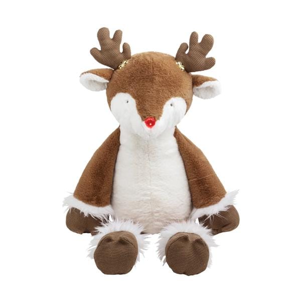 Large seated reindeer stuffed animal with antlers, red nose, and white fur trim accents