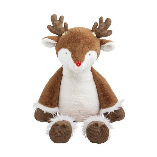 Large seated reindeer stuffed animal with antlers, red nose, and white fur trim accents