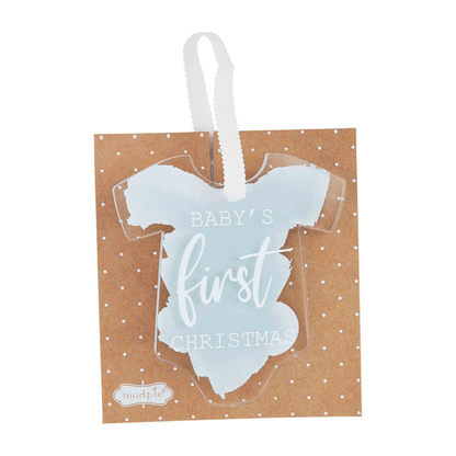 Acrylic onesie-shaped ornament with light blue watercolor design reading Baby's First Christmas