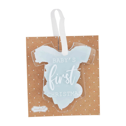 Acrylic onesie-shaped ornament with light blue watercolor design reading Baby's First Christmas