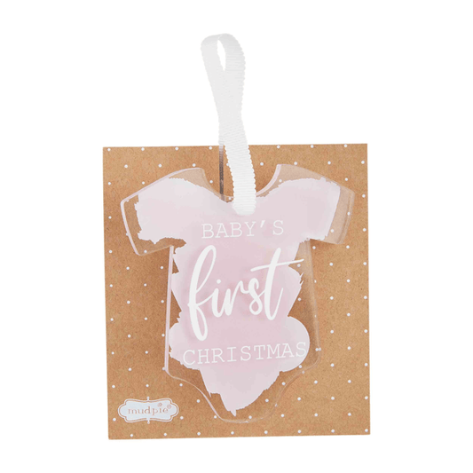 Acrylic onesie-shaped ornament with pink watercolor design reading Baby's First Christmas, white ribbon hanger