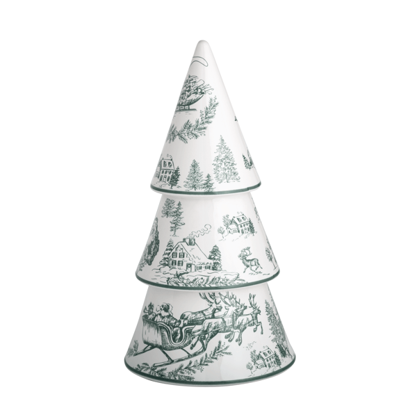 Ceramic tiered Christmas tree with green toile winter scenes including reindeer and sleigh