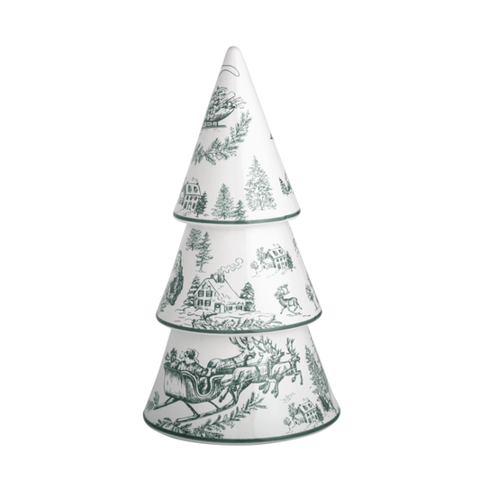 Ceramic tiered Christmas tree with green toile winter scenes including reindeer and sleigh