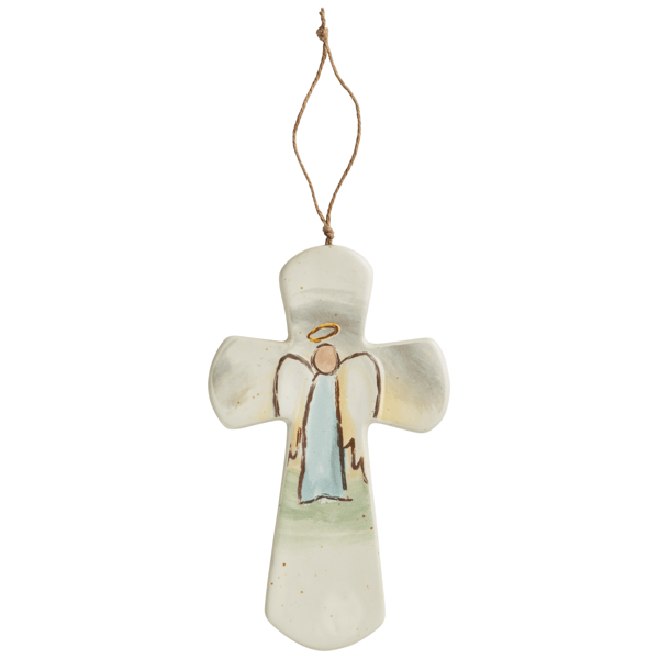 Ceramic cross ornament with hand-painted angel figure, jute twine hanger, studio view