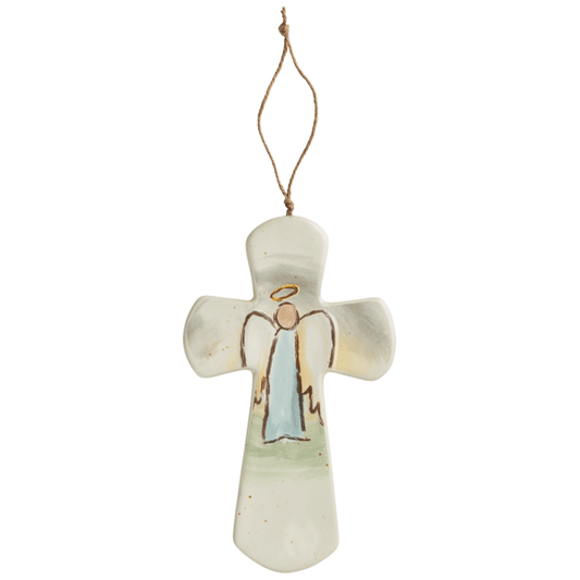 Ceramic cross ornament with hand-painted angel figure, jute twine hanger, studio view