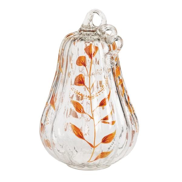 Clear glass pumpkin-shaped decorative sitter with orange autumn leaf vine painting, front view