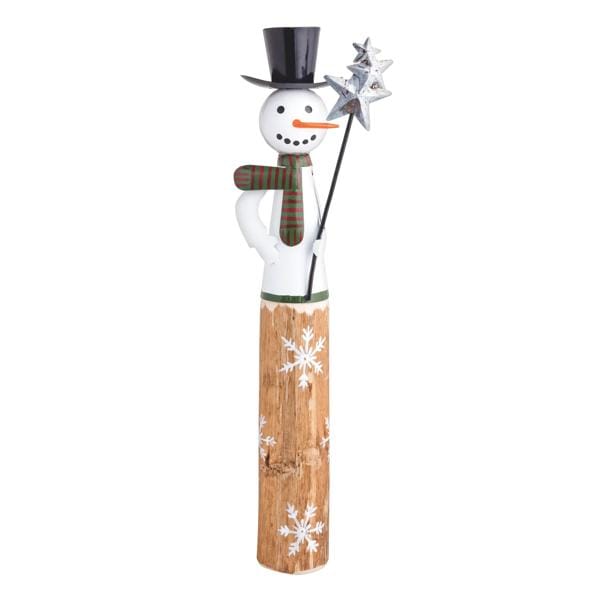 Tall snowman figurine with black top hat and star wand, mounted on a rustic wooden log base with snowflakes