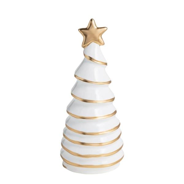 White ceramic Christmas tree figurine with gold spiral stripes and gold star topper