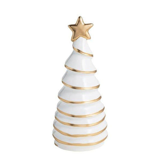 White ceramic Christmas tree figurine with gold spiral stripes and gold star topper