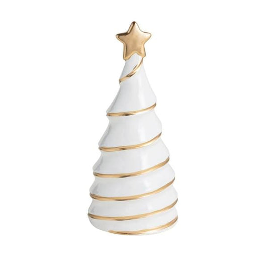 White ceramic Christmas tree figurine with gold spiral stripes and gold star topper