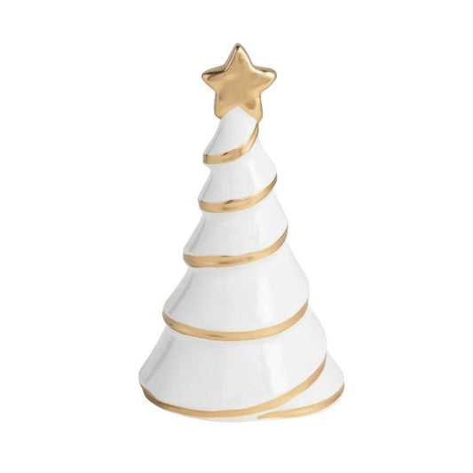 White ceramic Christmas tree figurine with gold spiral stripe and gold star topper