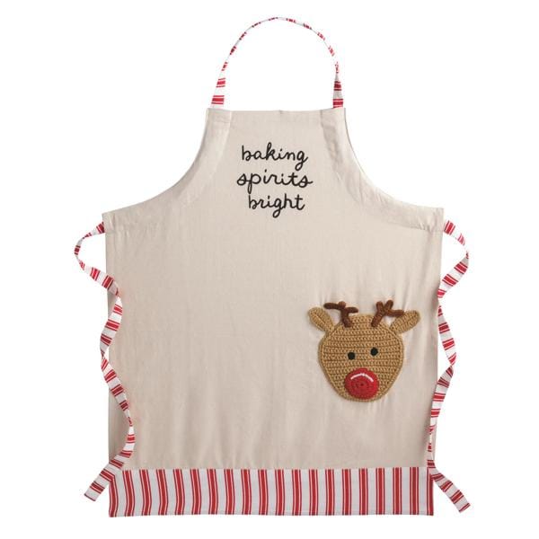 Cream apron with red stripe trim, crochet reindeer pocket, and 'baking spirits bright' text