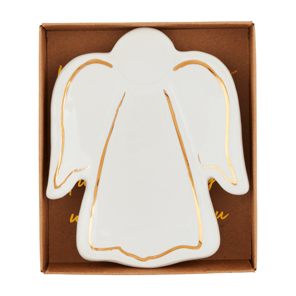 White ceramic angel-shaped tidbit dish with gold stripe detailing, shown in kraft box packaging, top view