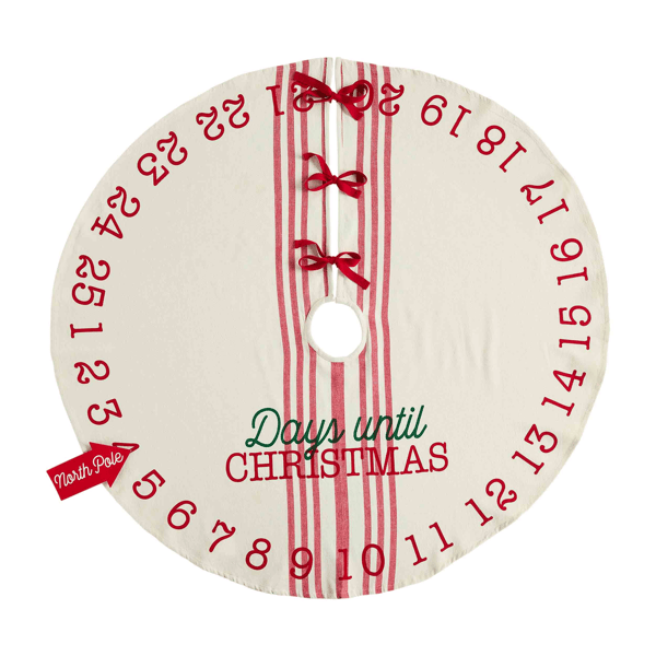 Round cream Christmas tree skirt with red countdown numbers, stripes, and decorative bows