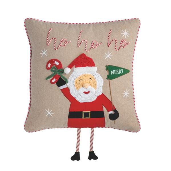 Square holiday pillow with Santa Claus appliqué, dangle legs, candy cane, and 'ho ho ho' text