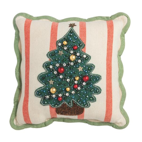 Square decorative pillow with beaded Christmas tree appliqué, red stripes, and green scalloped border