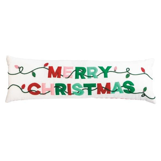 Long rectangular white pillow with Merry Christmas appliqué letters and embroidered string lights