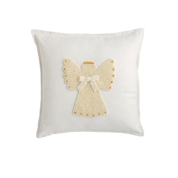 White square pillow with pearl and gold bead angel figure and small bow accent