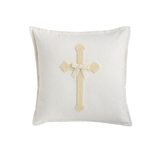 White square pillow with pearl-beaded cross design and small ivory bow accent, front view