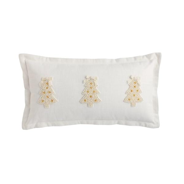 Rectangular white lumbar pillow with three pearl-beaded Christmas trees and gold accents