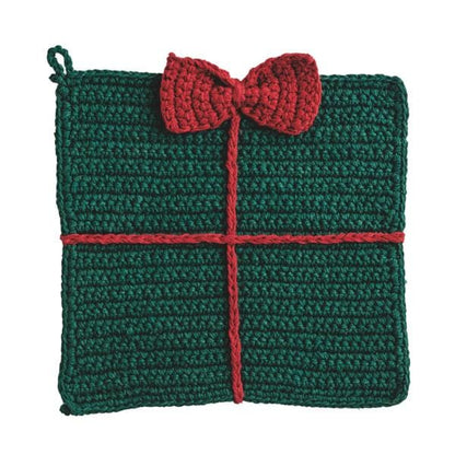 Crocheted square trivet designed as a gift box with red ribbon and bow detail