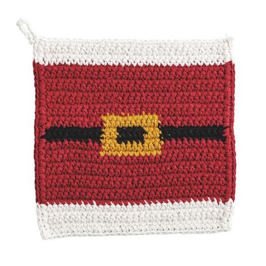 Square crocheted pot holder with Santa belt buckle design in red, white, black, and gold