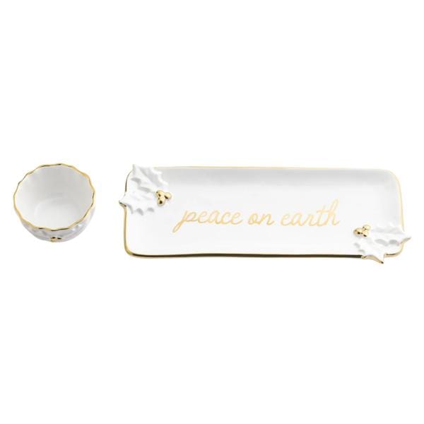 White ceramic tray with gold 'peace on earth' script and holly accents, paired with small bowl