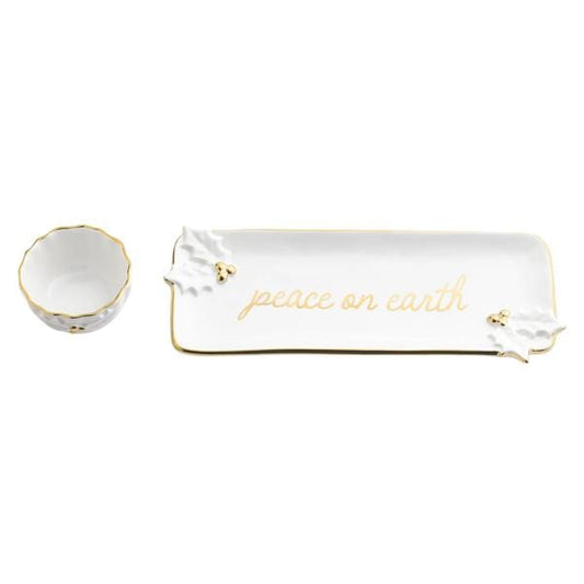 White ceramic tray with gold 'peace on earth' script and holly accents, paired with small bowl