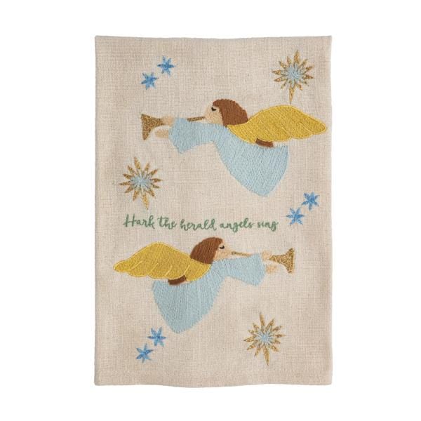 Linen kitchen towel with embroidered flying angels, stars, and 'Hark the herald angels sing' text