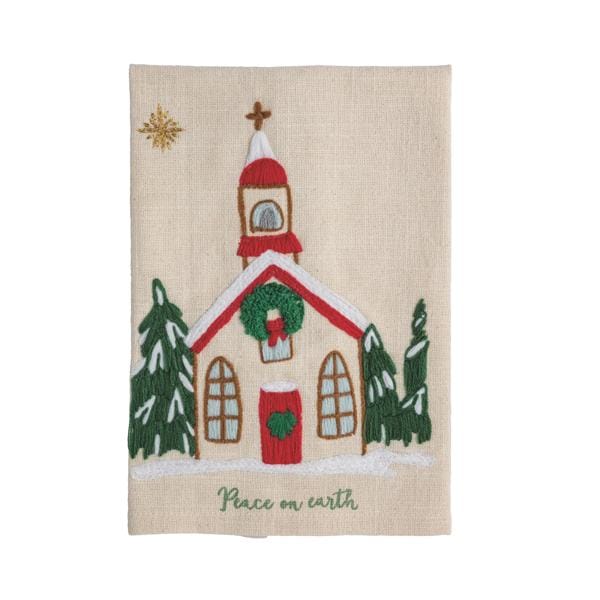 Cream linen hand towel with embroidered Christmas church scene and 'Peace on Earth' text