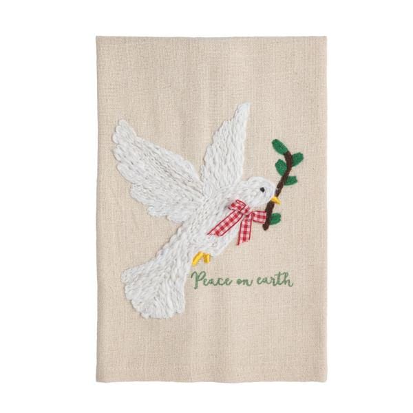 Linen hand towel with embroidered white dove carrying olive branch, 'Peace on earth' text