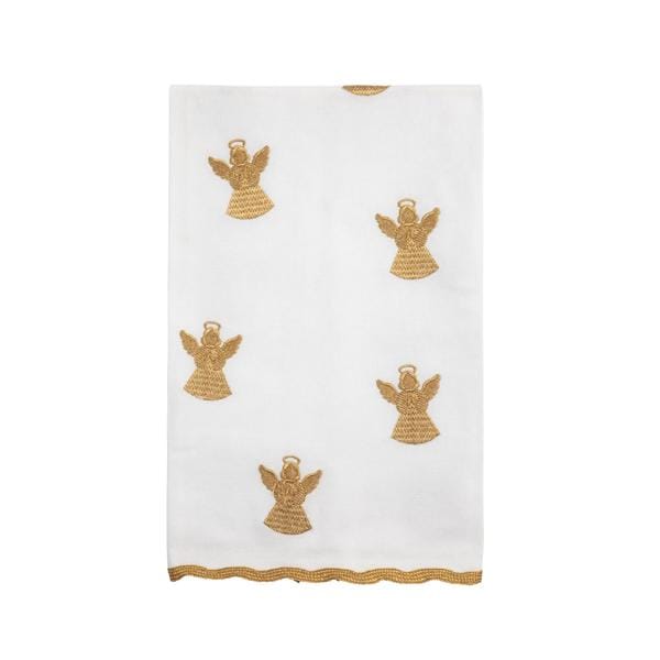 White rectangular towel with gold embroidered angel motifs and decorative gold trim border
