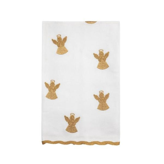White rectangular towel with gold embroidered angel motifs and decorative gold trim border