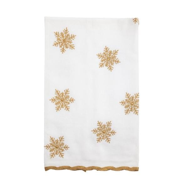 White cotton towel with gold embroidered snowflakes and gold beaded bottom border