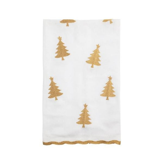 White hand towel with gold embroidered Christmas trees and decorative gold border trim