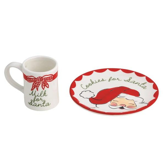 Santa-themed ceramic mug labeled 'Milk for Santa' and matching cookie plate set, front view