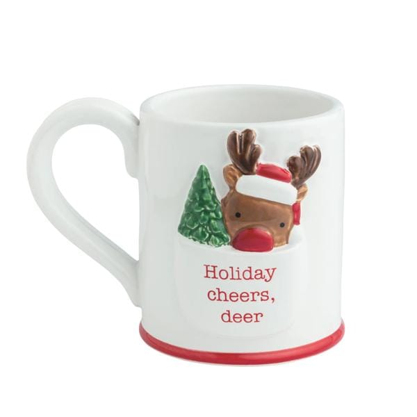 White ceramic Christmas mug with 3D reindeer peeking over edge and 'Holiday cheers, deer' text