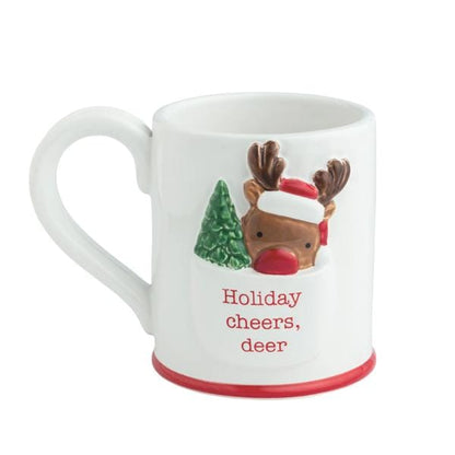 White ceramic Christmas mug with 3D reindeer peeking over edge and 'Holiday cheers, deer' text