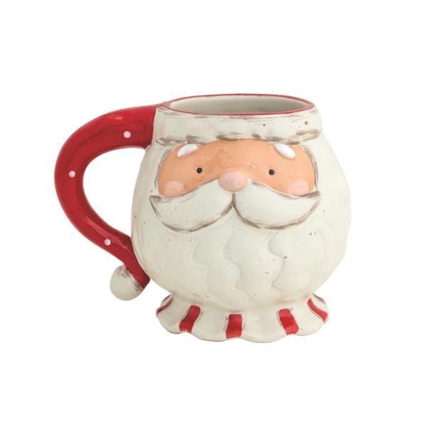 Round ceramic Santa Claus face mug with red handle, white beard, and striped base